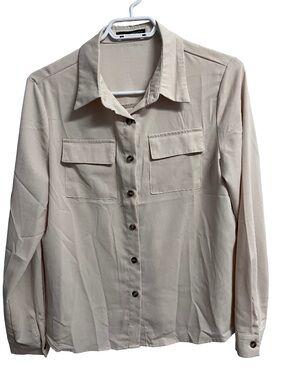 SHEIN Light Beige Button-Down Shirt with Chest Flap Pockets